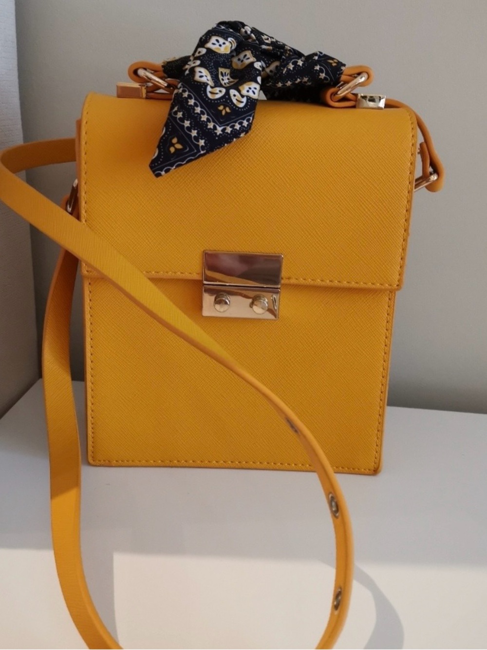 Zara Yellow Structured Crossbody with Navy Patterned Scarf Accent